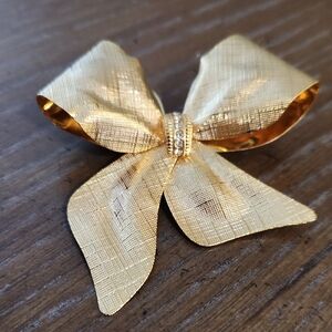 Gold Tone Bow with Rhinestones Brooch
